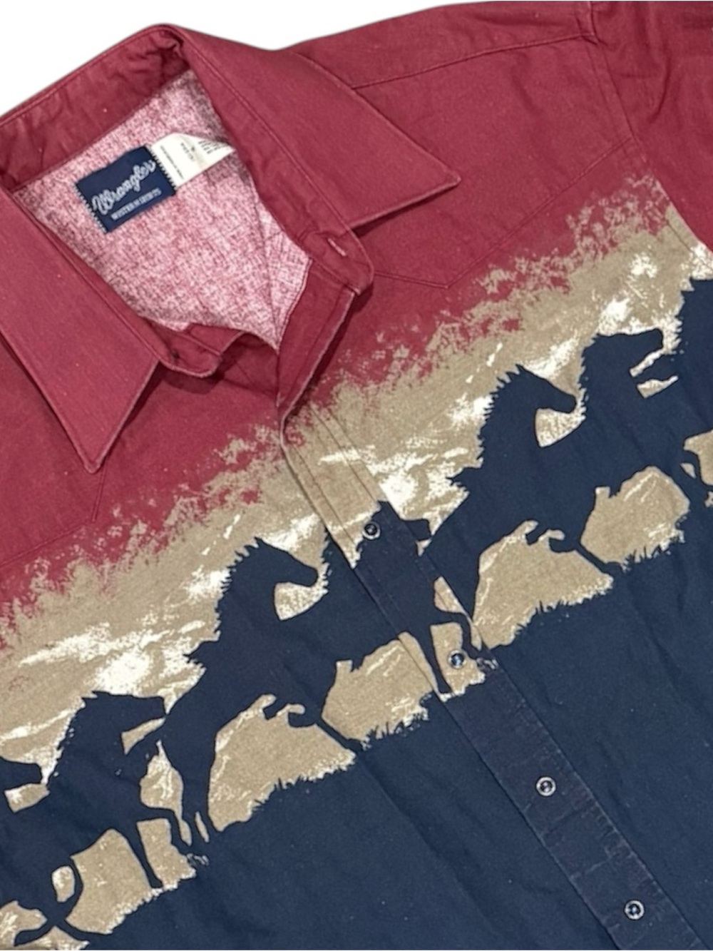 Wrangler Western Shirt Mens XL Maroon Navy Vintage Running Horse Pearl Snap